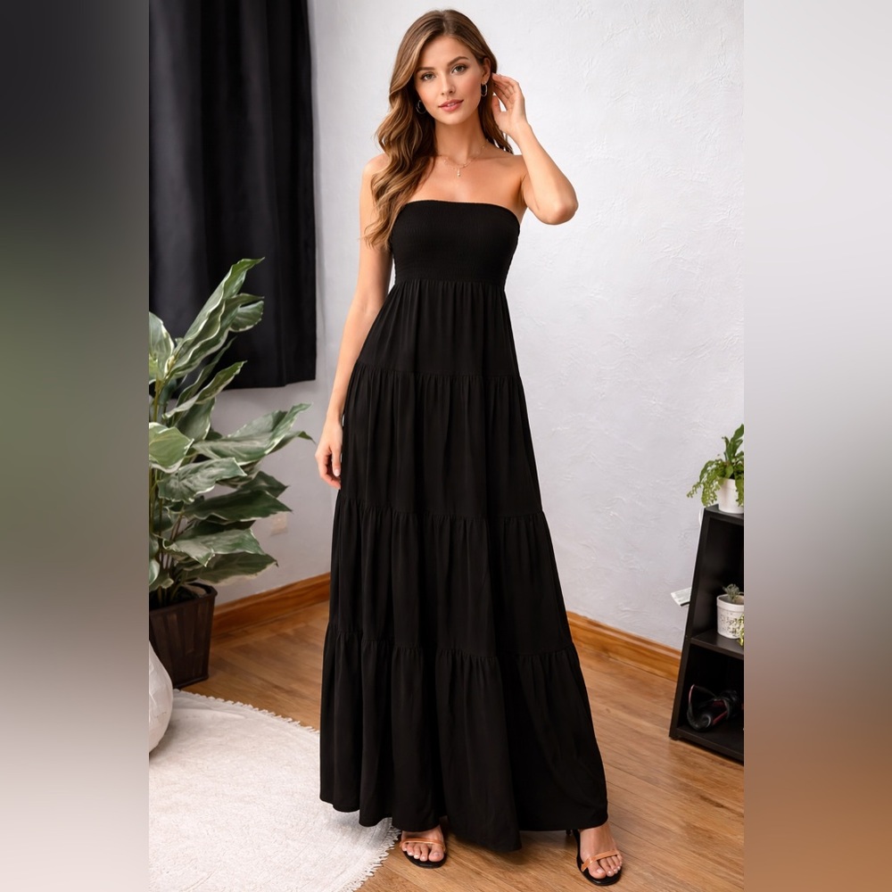Body Central Black Strapless Tiered Maxi Dress | Size S